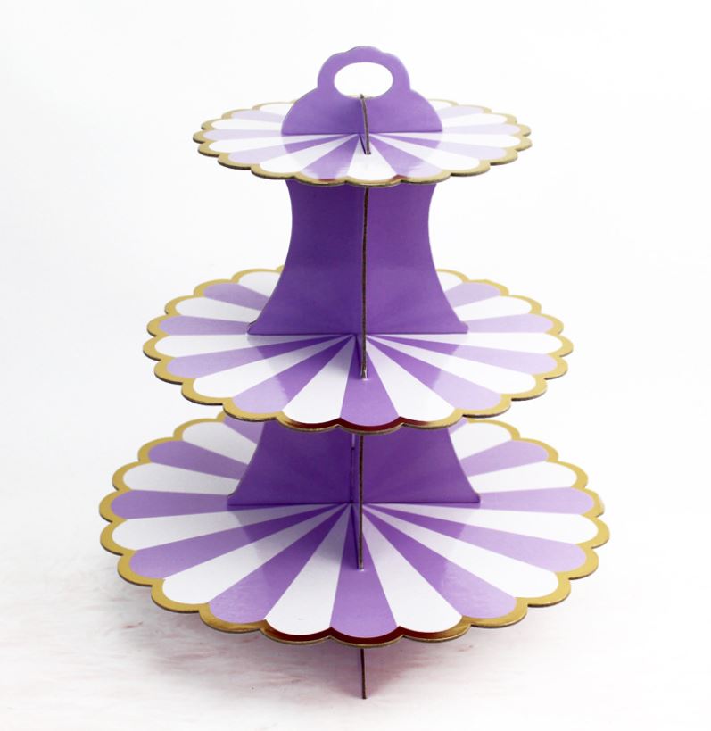 3 Våningar Muffinsställ Lila 3 Tier Cupcakes Stand Flower Petal with Golden Edge