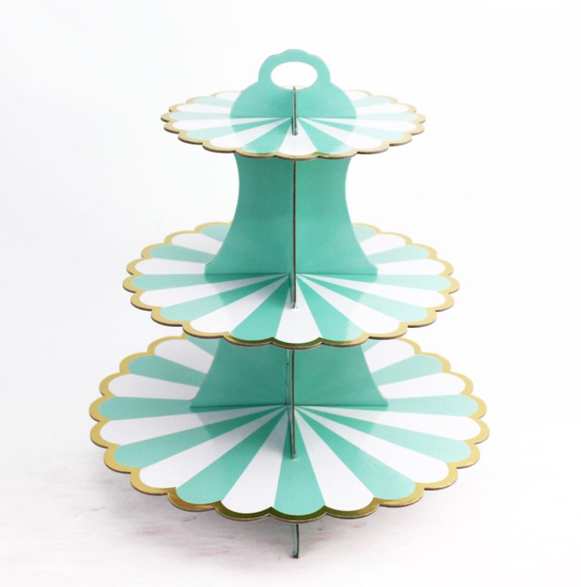 3  Våningar Muffinsställ Tiffany Blå 3 Tier Cupcakes Stand Flower Petal with Golden Edge