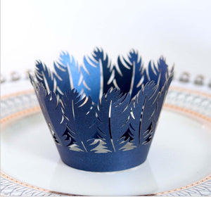 12 St/Pack Fjäder Cupcake Wrappers -Marinblå Feather Shape Lace Cupcake Wrapper-Navy Blue