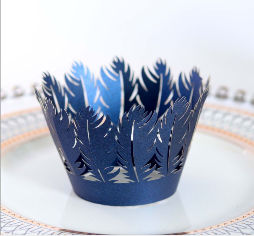 12 St/Pack Fjäder Cupcake Wrappers -Marinblå Feather Shape Lace Cupcake Wrapper-Navy Blue